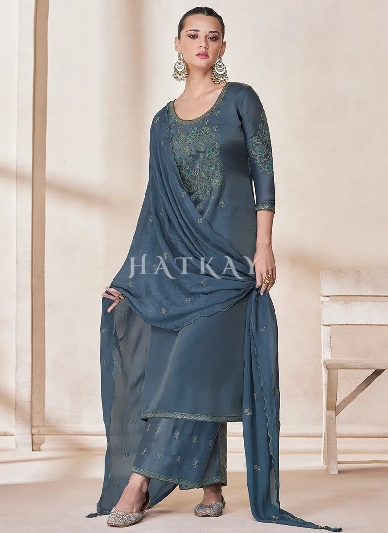 Dark Blue Embroidery Traditional Silk Salwar Kameez