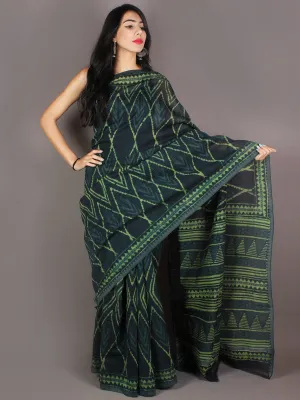 Dark Green Hand Block Printed in Natural Colors Chanderi Saree With Geecha Border - S03170967