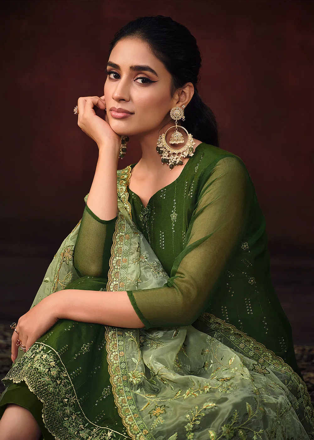 Dark Green Shimmer Organza Embroidered Wedding Salwar Suit