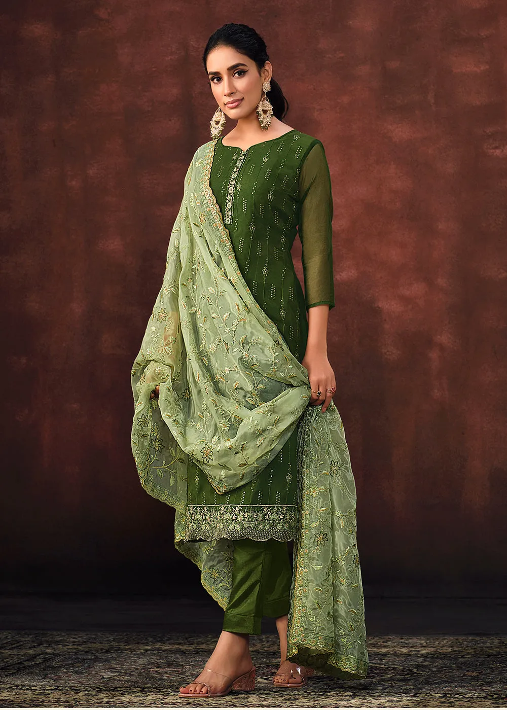 Dark Green Shimmer Organza Embroidered Wedding Salwar Suit