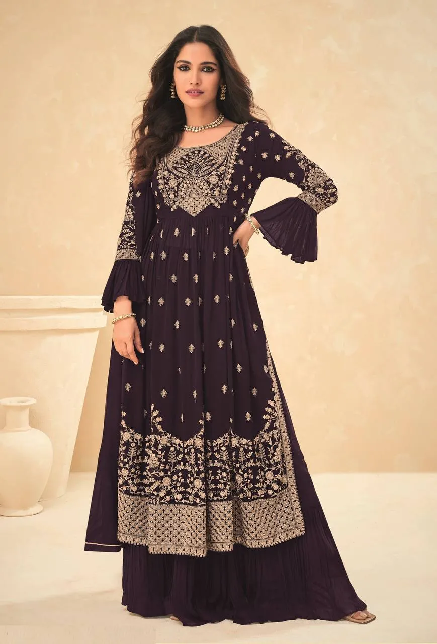 Dark Purple Sharara Indian Designer Salwar Suit Ready to Wear Salwar Kameez Palazzo Suit Wedding Sharara Suit Partywear Kameez Suit