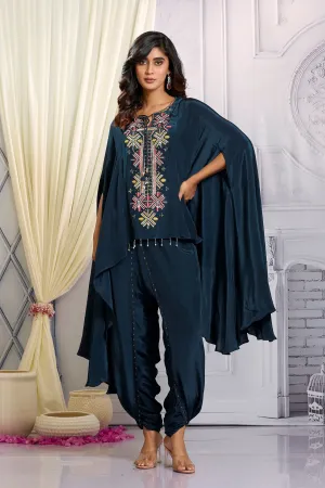 Dark Teal Embellished Chinon Silk Kaftan Set