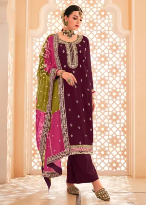 Dazzling Wine Embroidered Chinnon Palazzo Salwar Kurta