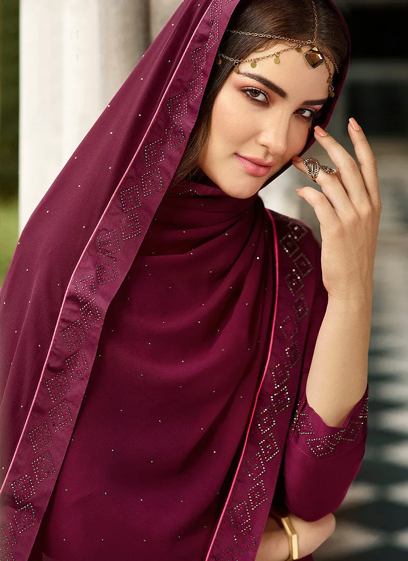 Deep Magenta Crystal Embroidered Churidar Suit