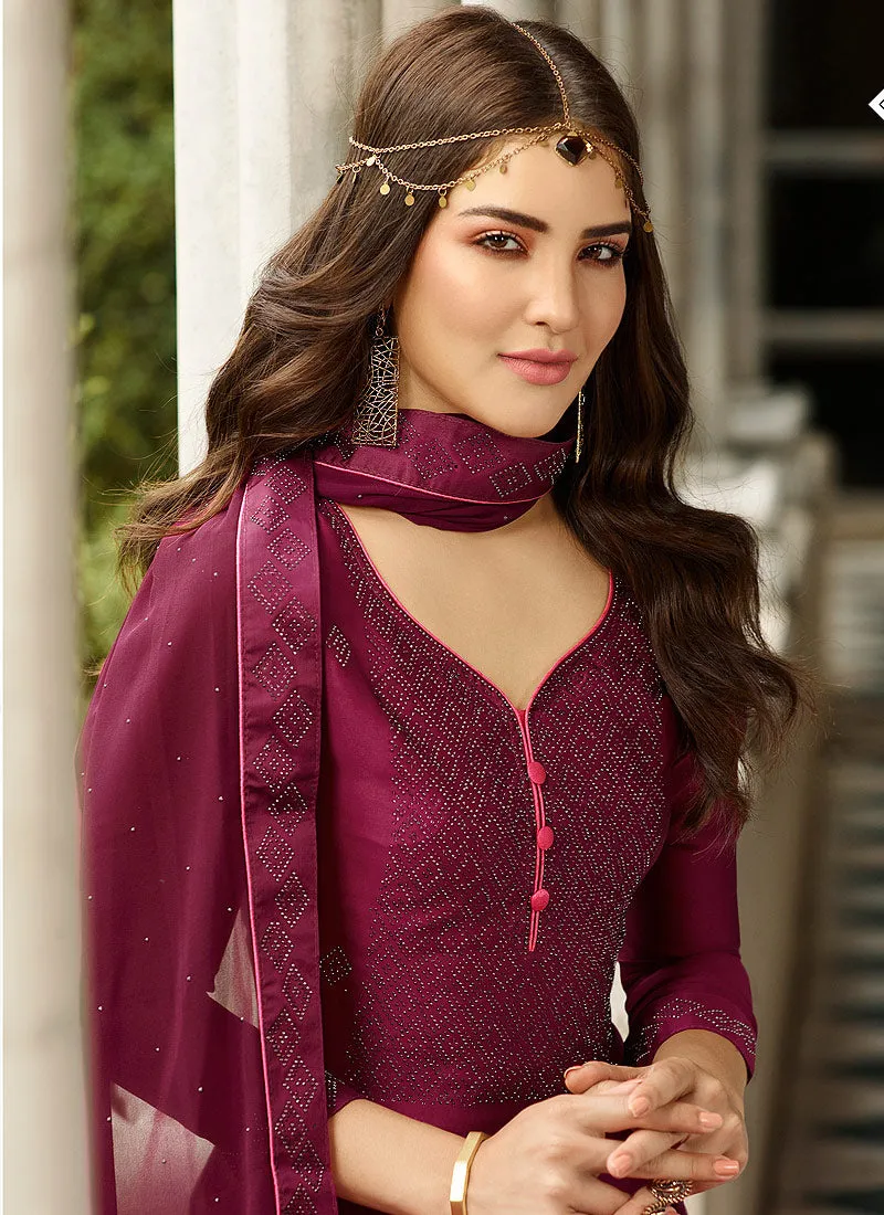 Deep Magenta Crystal Embroidered Churidar Suit