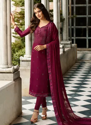 Deep Magenta Crystal Embroidered Churidar Suit