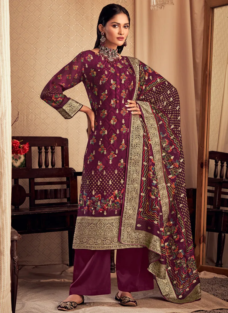 Deep Wine Printed Viscose Jacquard Salwar Kameez