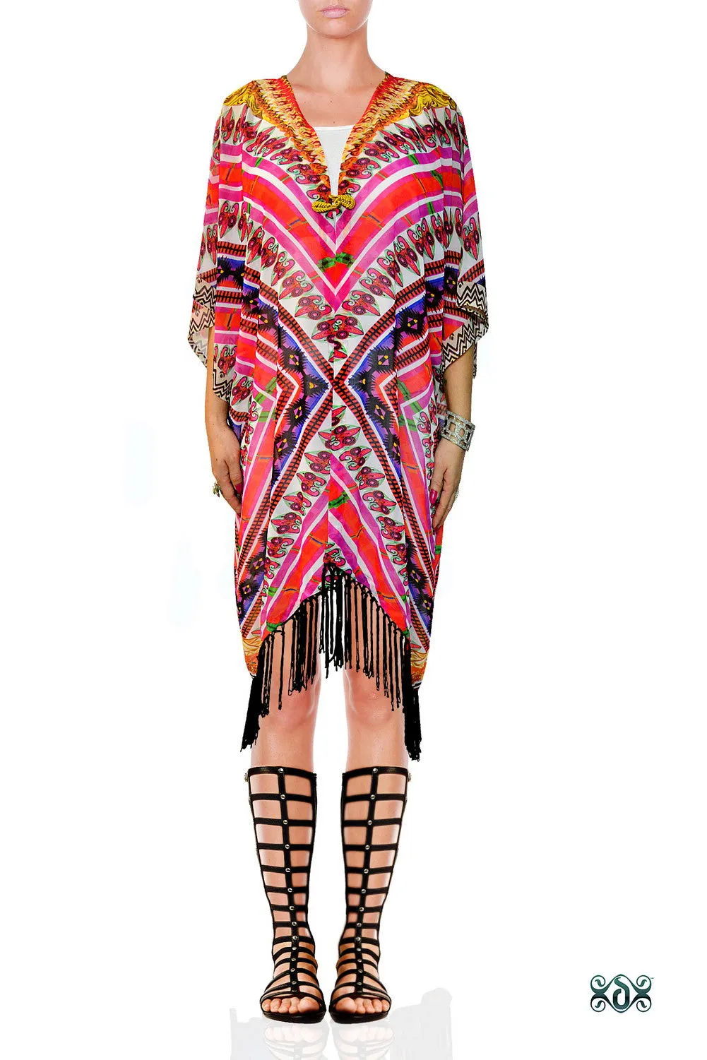 Devarshy Pink Aztec Patterns Printed Georgette Short Kimono Jacket - 1076A