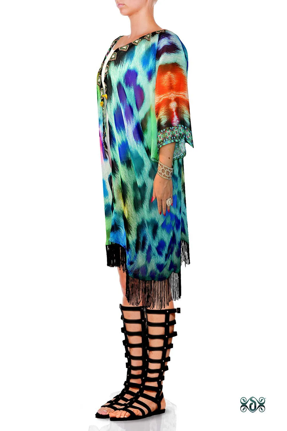 Devarshy Turquoise Leopard Animal Print Short Georgette Kimono Jacket - 006