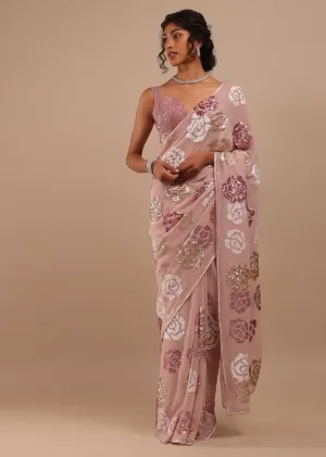 Dusty Pink Georgette Sequins Embroidery Saree