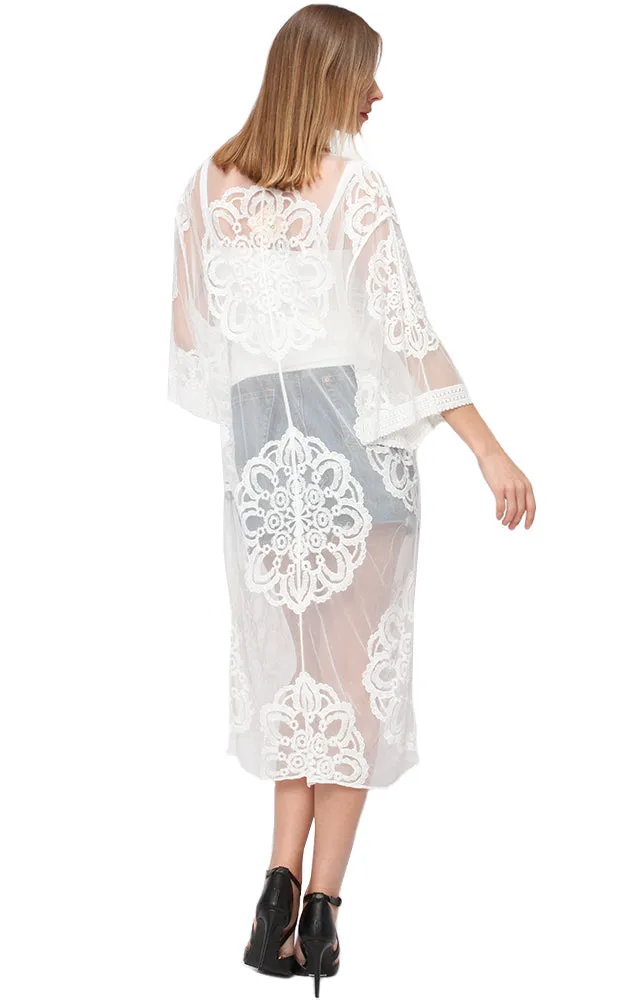 EAC9313 Lace Long Mesh Kimono