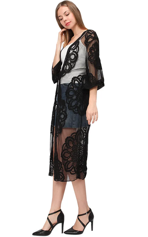 EAC9313 Lace Long Mesh Kimono