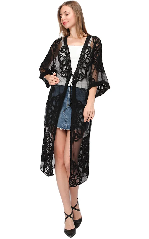 EAC9313 Lace Long Mesh Kimono