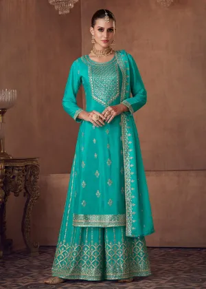 Embellished Aqua Green Chinon & Georgette Designer Palazzo Suit