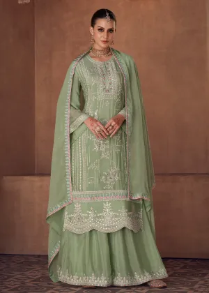 Embellished Pastel Green Chinon & Georgette Designer Palazzo Suit