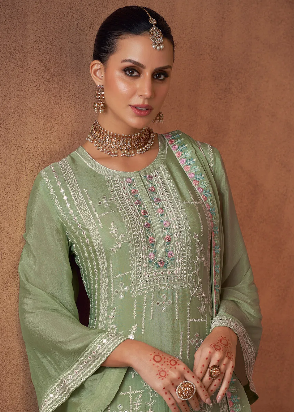 Embellished Pastel Green Chinon & Georgette Designer Palazzo Suit