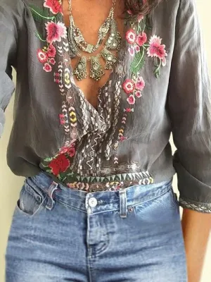 Embroidered Bohemian Floral Casual V-Neckline Sleeves Peasant Blouses Tops