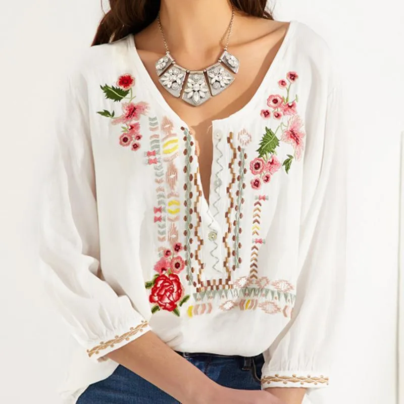 Embroidered Bohemian Floral Casual V-Neckline Sleeves Peasant Blouses Tops