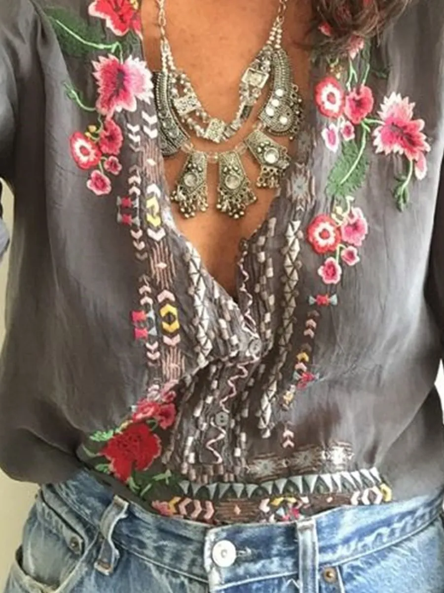 Embroidered Bohemian Floral Casual V-Neckline Sleeves Peasant Blouses Tops