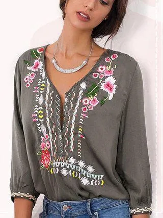 Embroidered Bohemian Floral Casual V-Neckline Sleeves Peasant Blouses Tops