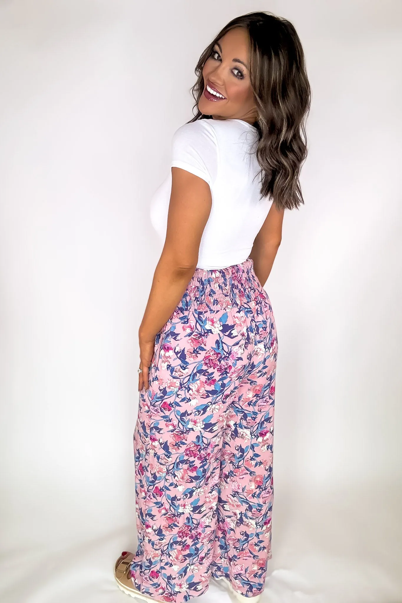 Exclusive Floral Print Smocked Flowy Pants