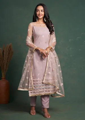 Fabulous Lilac Zari & Sequins Work Net Wedding Wear Salwar Suit