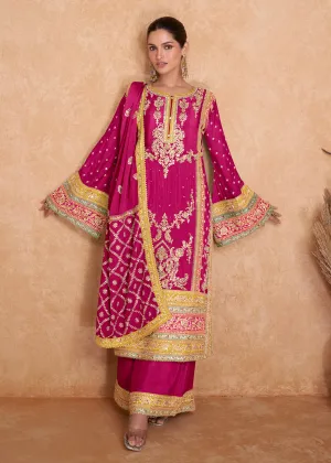 Fancy Hot Pink Chinnon Embroidered Designer Palazzo Suit