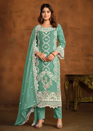 Festive Style Sea Green Soft Organza Pant Style Salwar Suit