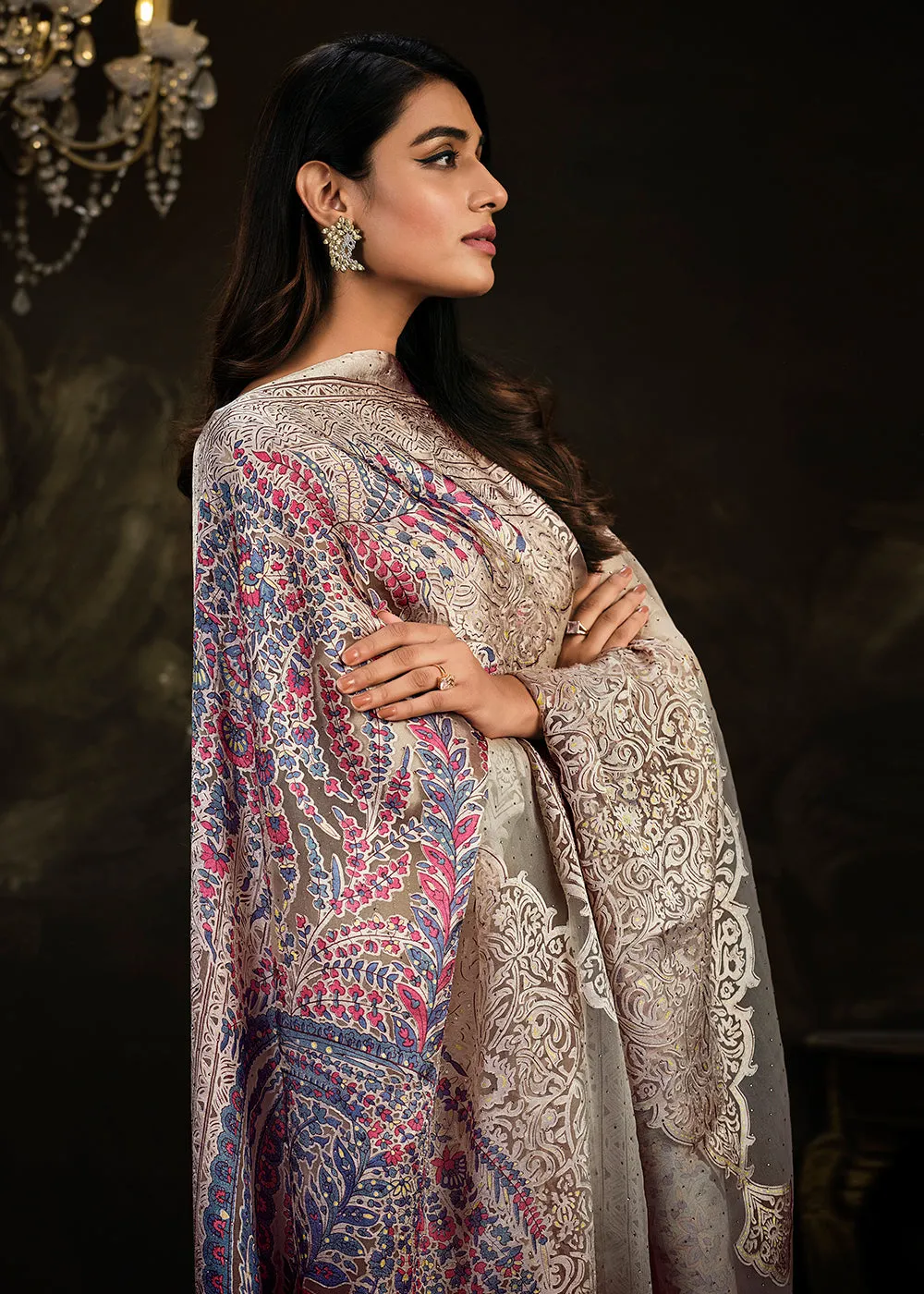 Fetching Grey Chinnon Embroidered Pant Style Salwar Suit