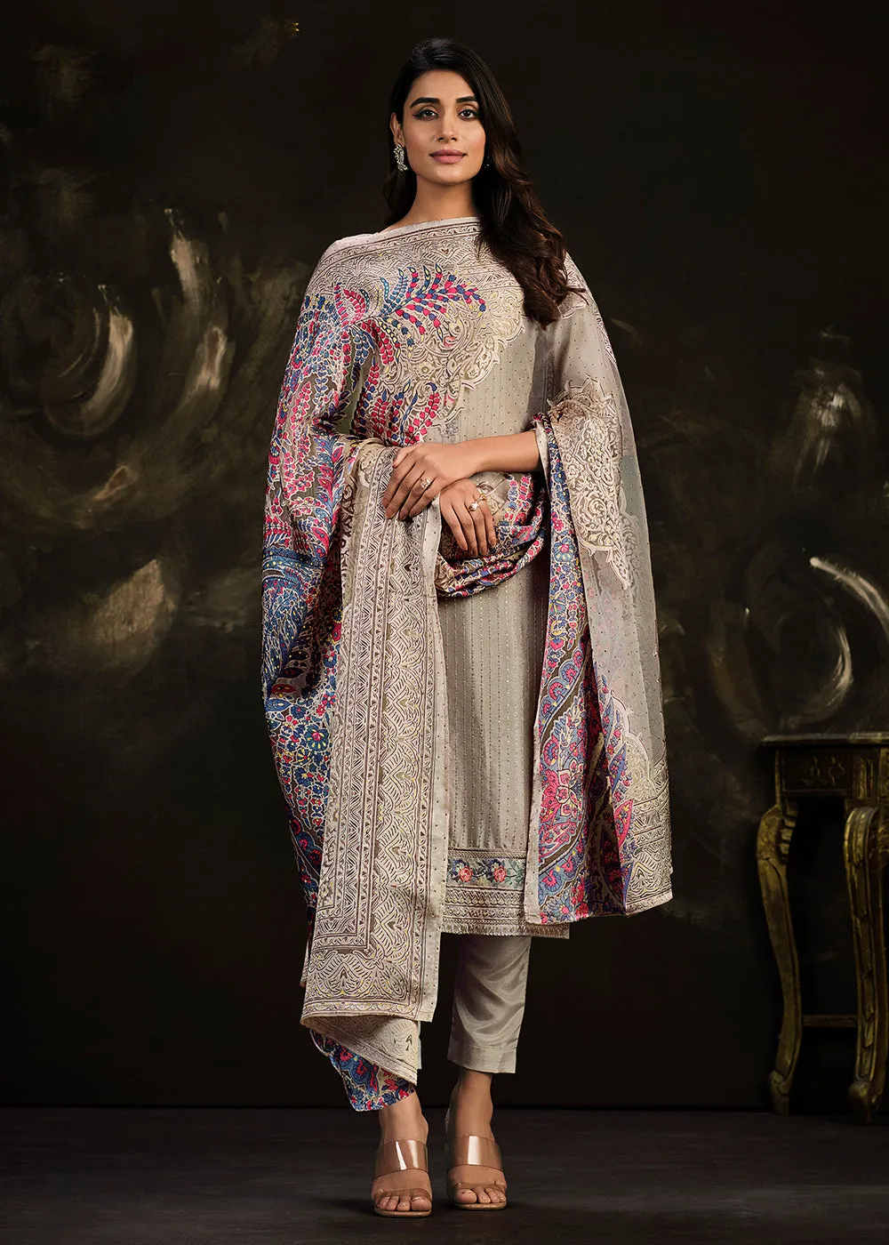 Fetching Grey Chinnon Embroidered Pant Style Salwar Suit