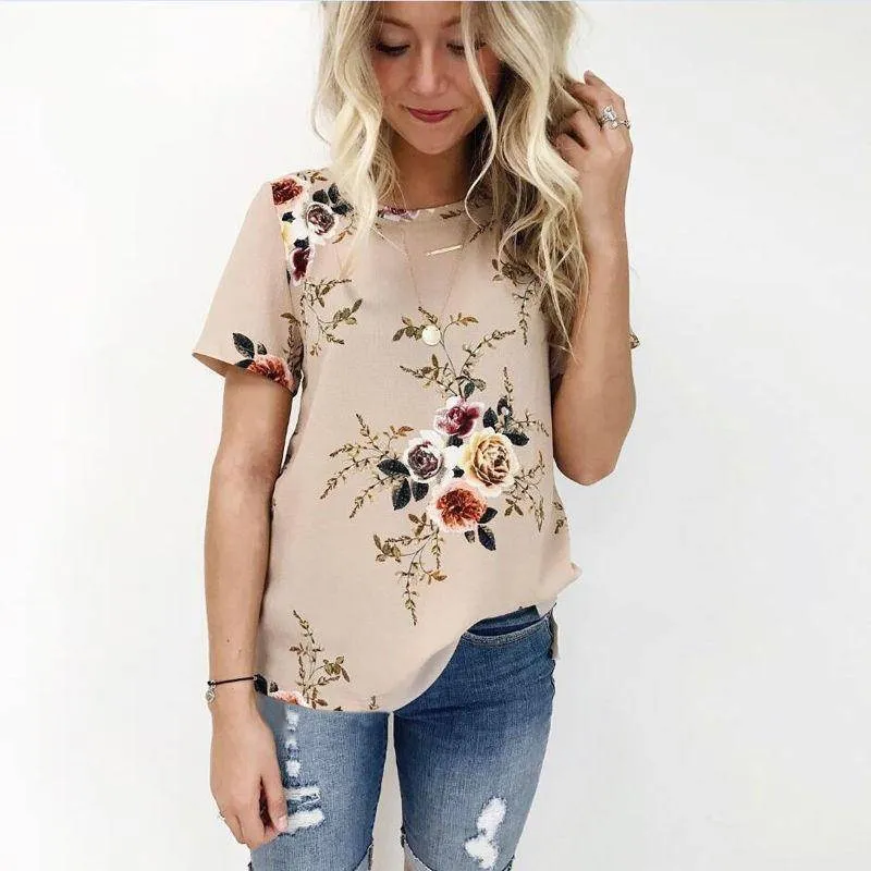 Floral Short Sleeve Ladies Chiffon Loose Casual Tops Round Neck (US 6-16W)