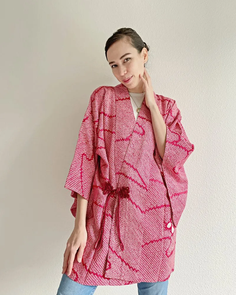 Fun Wavy Camellia Shibori Haori Kimono Michiyuki Wrap Jacket