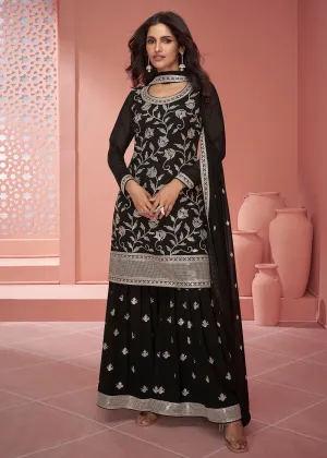 Georgette Attractive Black Embroidered Palazzo Suit