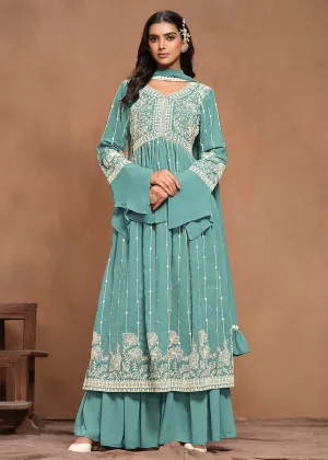 Georgette Mint Teal Embroidered Festive Palazzo Suit