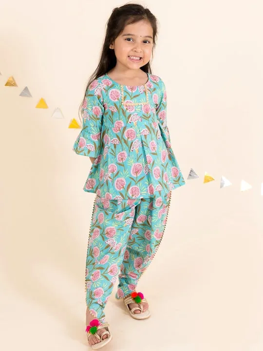 Girls Blue Floral Embroidered Angrakha Gotta Patti Pure Cotton Top With Dhoti Pants - Ps Peaches