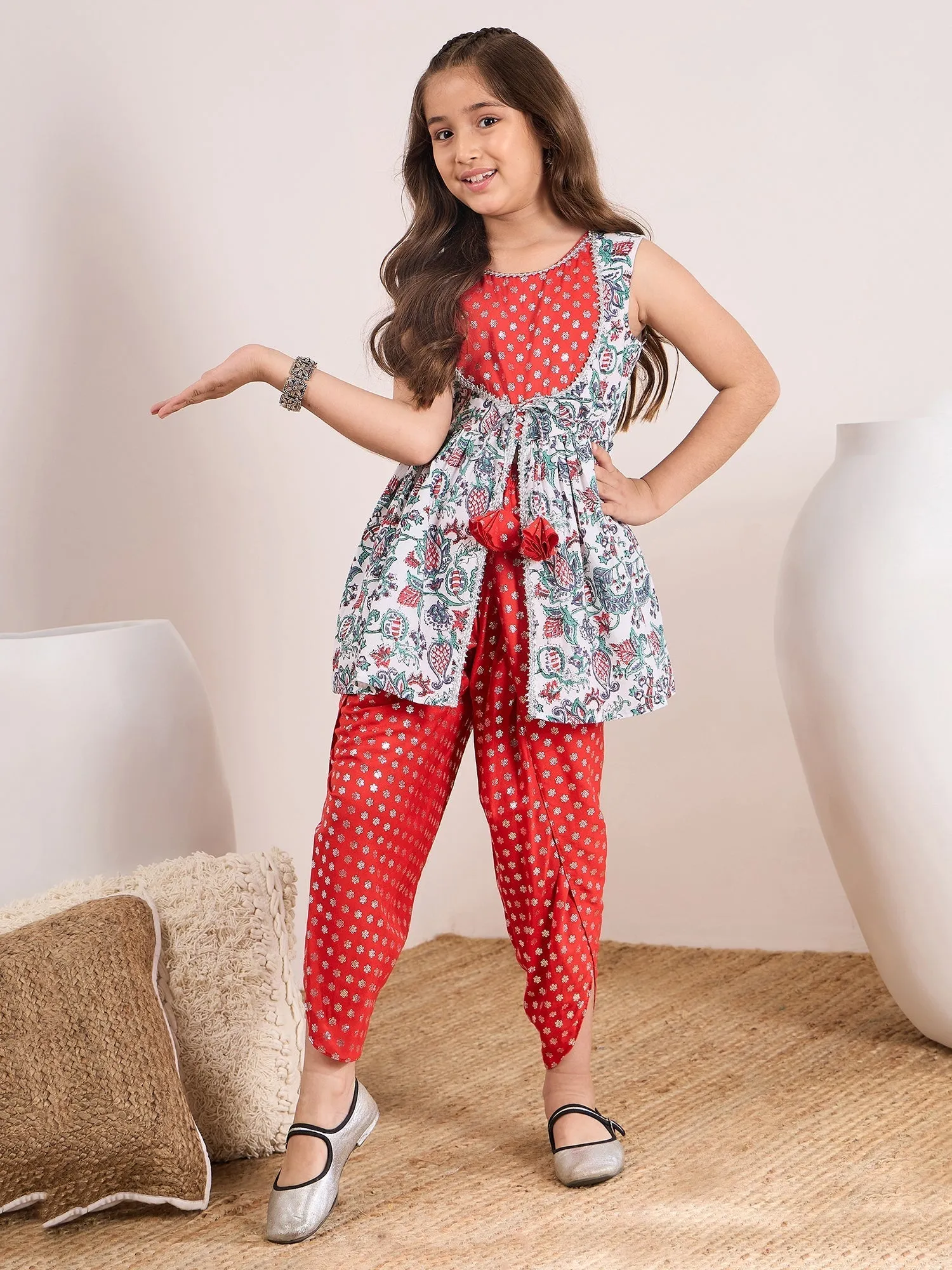 Girls Ethnic Motifs Printed Regular Kurti With Dhoti Pants - PS Peaches