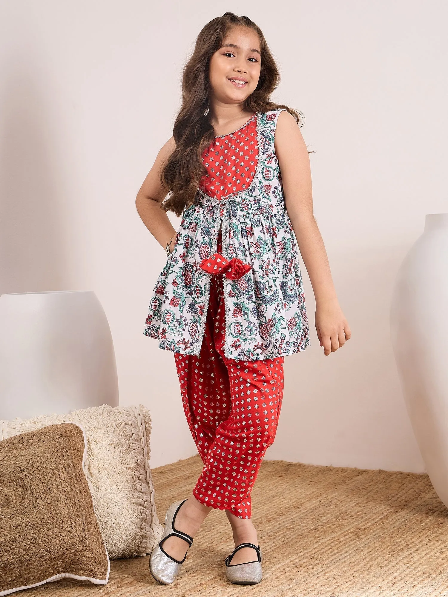 Girls Ethnic Motifs Printed Regular Kurti With Dhoti Pants - PS Peaches