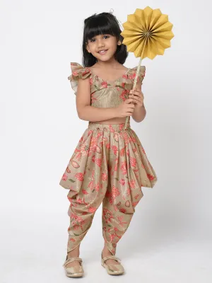 Girls Golden Weaves  Beige Crop Top With Dhoti Co-Ordinate Set - Lil Drama