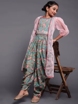 Girl's Light Blue & Pink Floral Printed Top & Dhoti With Organza Jacket Set - Aks Girls