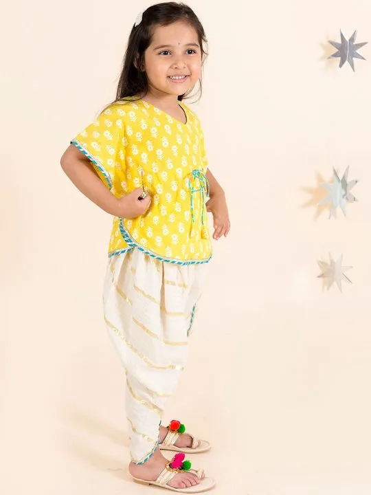 Girls Yellow Floral Printed Gotta Patti Pure Cotton Top With Dhoti Pants - Ps Peaches