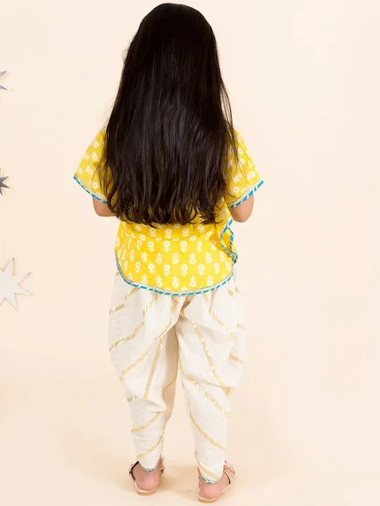 Girls Yellow Floral Printed Gotta Patti Pure Cotton Top With Dhoti Pants - Ps Peaches