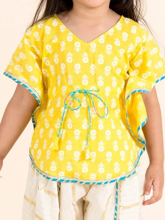 Girls Yellow Floral Printed Gotta Patti Pure Cotton Top With Dhoti Pants - Ps Peaches