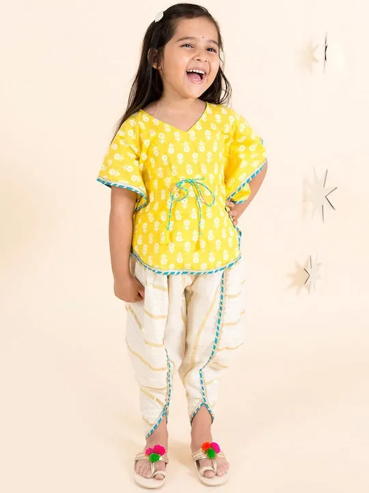 Girls Yellow Floral Printed Gotta Patti Pure Cotton Top With Dhoti Pants - Ps Peaches