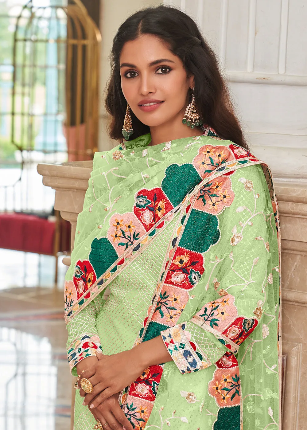 Glittering Green Traditional Sequins Eid Wear Salwar Suit