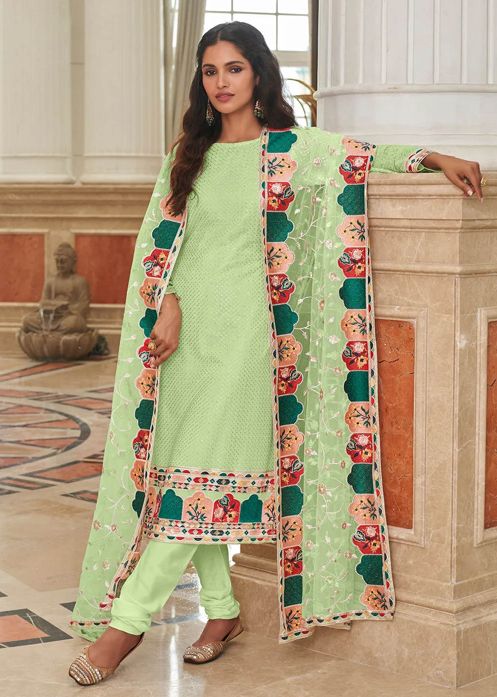 Glittering Green Traditional Sequins Eid Wear Salwar Suit