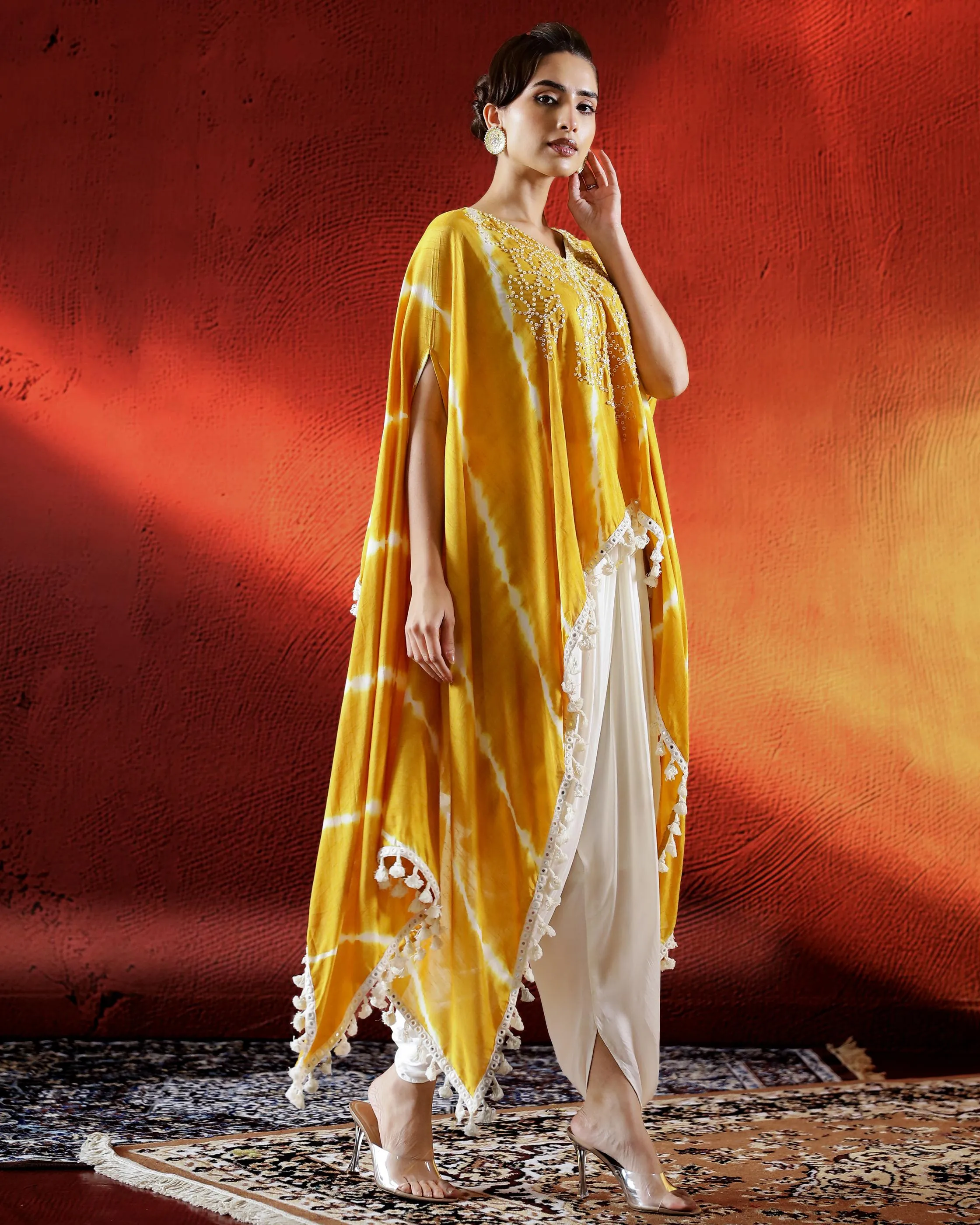 Golden Yellow Leheriya Printed Raw Silk Kaftan Set.