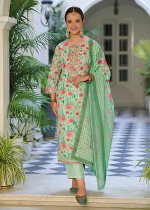 Gota Patti Embroidered Green Lilen Ethnic Salwar Suit