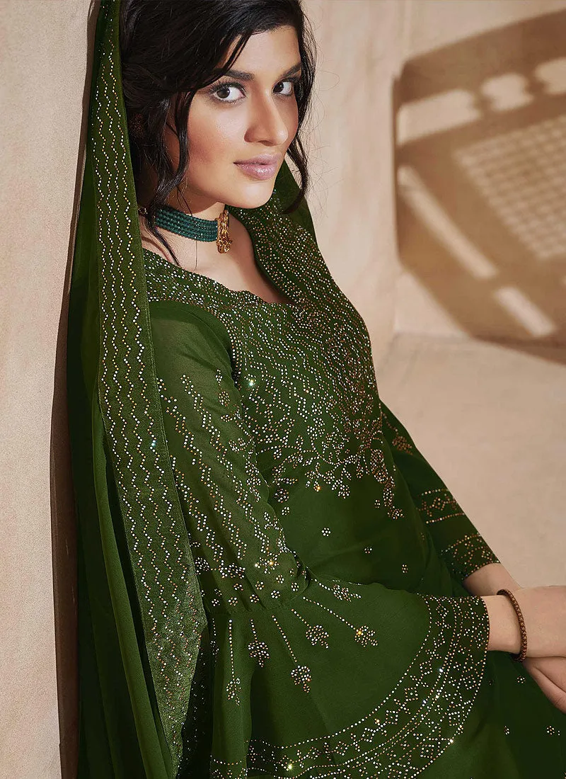 Green All Over Crystal Embroidered Palazzo Suit