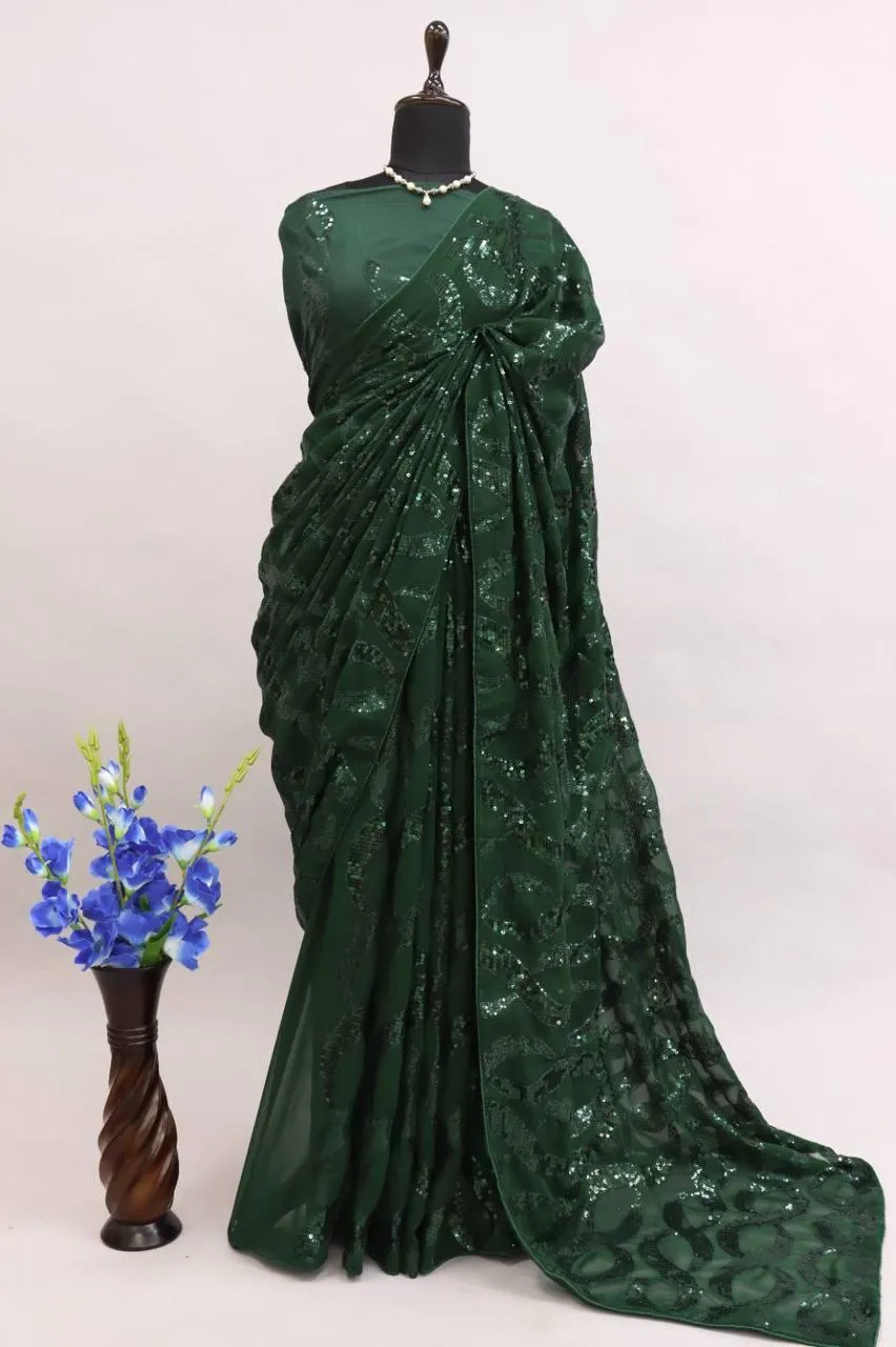 Green Georgette Premium Sequins Saree