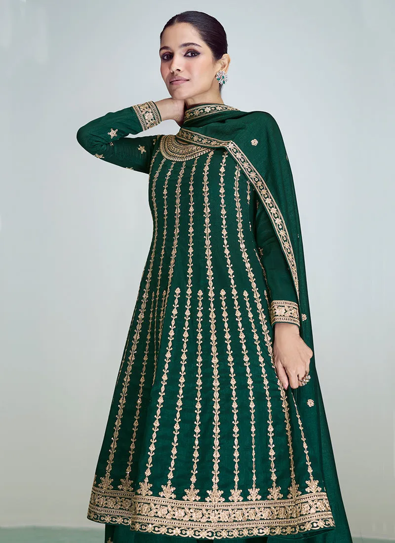 Green Golden Sequence Embroidery Anarkali Pant Suit